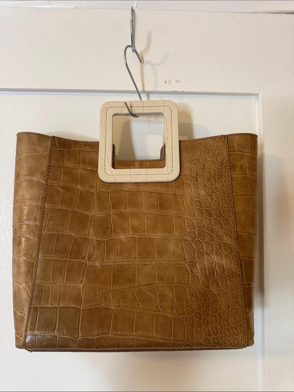 STAUD Tan Croc-Embossed Tote with Cream Square Handles
